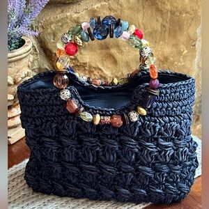 Capelli Straworld Tote Handbag Navy Blue Woven Straw Large Beaded Double Handle